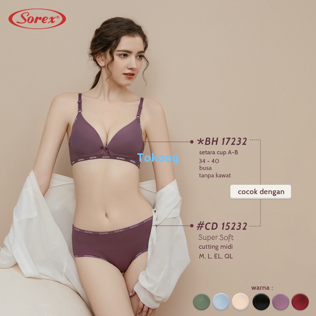 Jual BH SET SOREX 17232 15232 TANPA KAWAT CUP B BRA WANITA SET 34 36 38