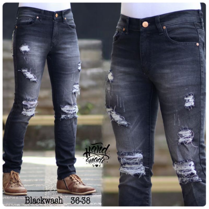 Jual Celana Panjang Biker Denim Jeans Cowo Big Size Jeans Biker Sobek