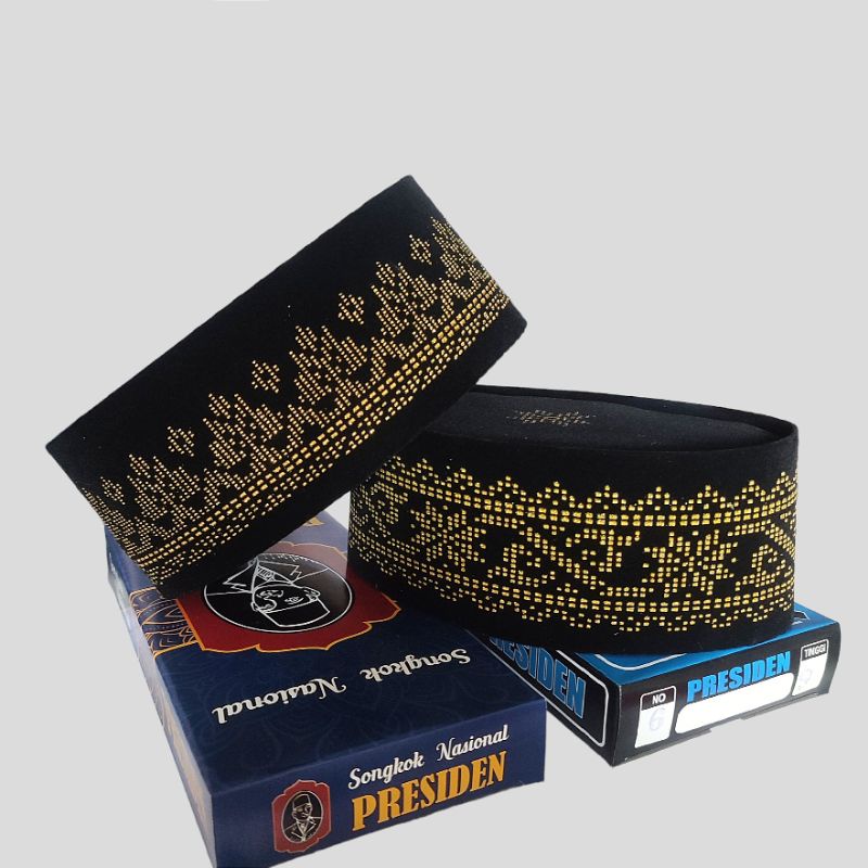 Jual Peci Songkok Kopiah Hitam Motif Songket Batik Warna Gold Tinggi