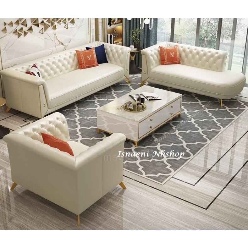 Jual Mewah Modern Kulit Sofa Chesterfield Kursi Set Kaki Gold Logam