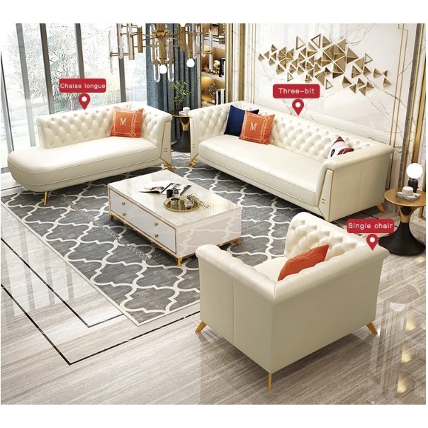 Jual Mewah Modern Kulit Sofa Chesterfield Kursi Set Kaki Gold Logam