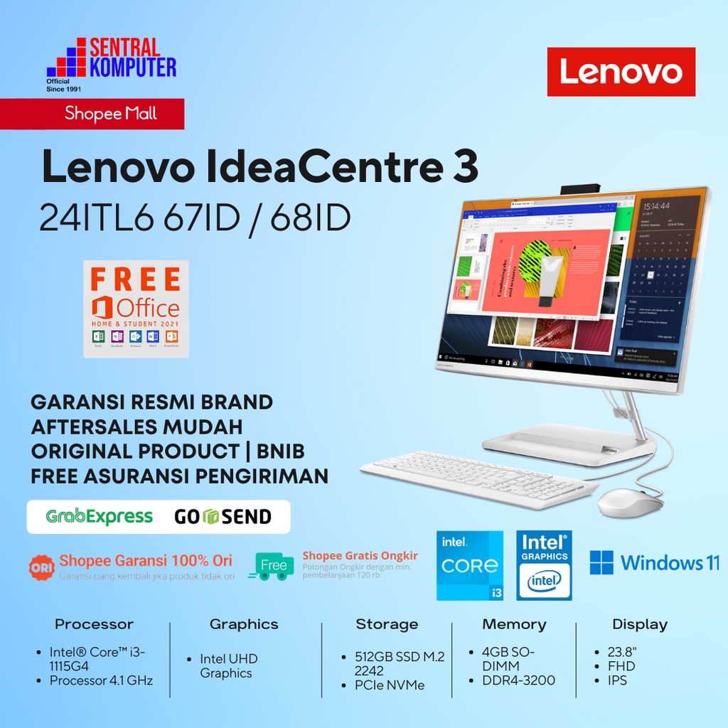 Jual Lenovo IdeaCentre AIO 3 24ITL6 I3 1115G4 4GB 512GB SSD Win 11 OHS