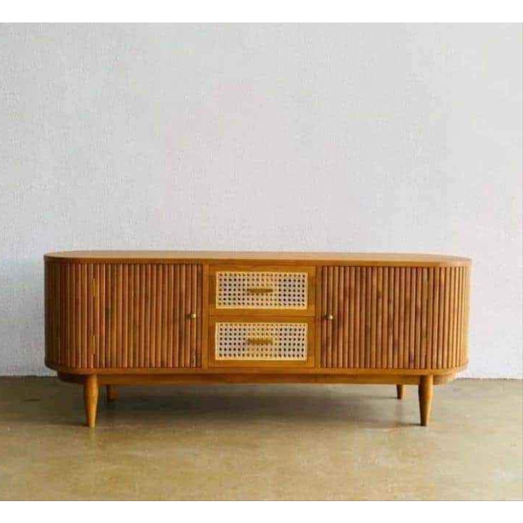 Jual Meja Tv Kabinet Minimalis Oval Modern Pintu Slide Kayu Jati Solid