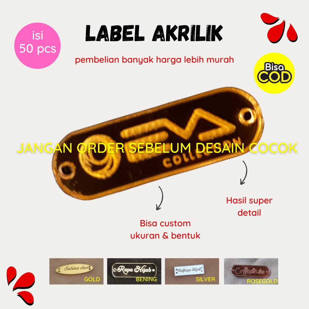 Jual Paket Isi 50 Pcs Label Produk Akrilik Jilbab Rebranding Label