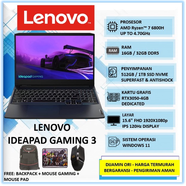 Jual Lenovo Ideapad Gaming 3 Ryzen 7 6800H Ram 16GB 32GB DDR5 SSD 512GB