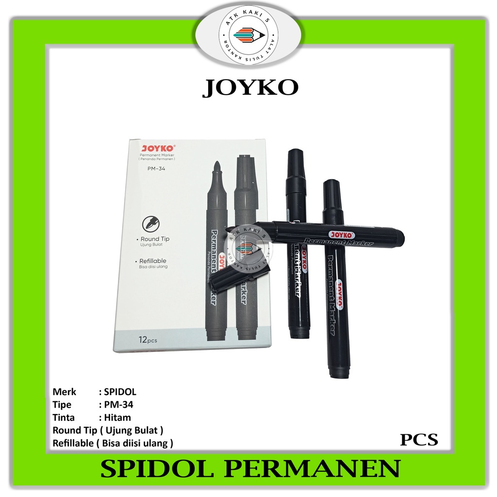 Jual JOYKO Spidol Permanent PM 34 Black Mudah Diisi Ulang Pcs