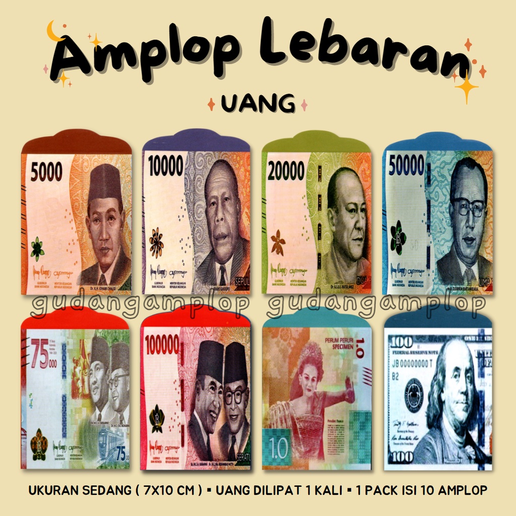 Jual AMPLOP LEBARAN ISI 10 ANGPAO IDUL FITRI MOTIF UANG UKURAN MEDIUM