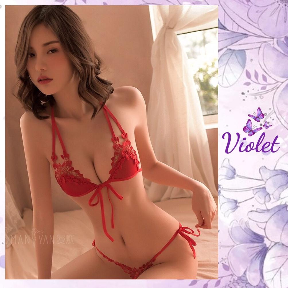 Jual Bep 01 Violet Lingerie Set Bra G String Sexy Pakain Dalam Bordir