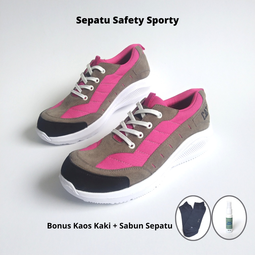 Jual Sepatu Wanita Sporty Safety Ringan Ujung Besi Low Boots Abu Pink