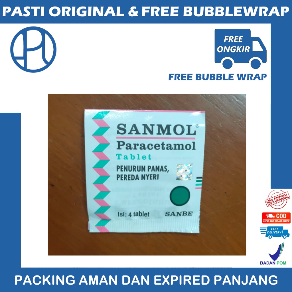 Jual SANMOL STRIP ISI 4 PARACETAMOL PEREDA NYERI DEMAM SAKIT BADAN