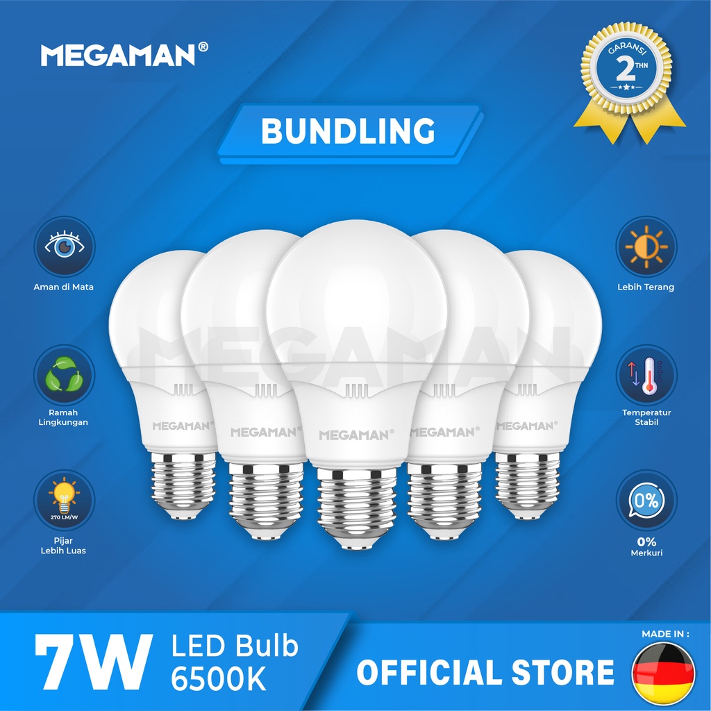 Jual Lampu Bundling 5pcs LED Megaman YTA60Z4 7Watt 6500K Warna Putih