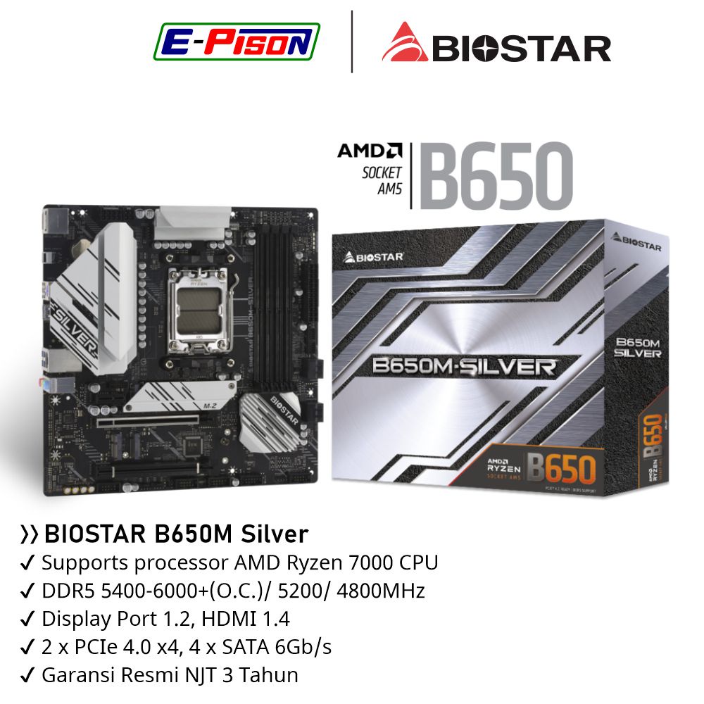 Jual BIOSTAR B650M SILVER Motherboard AMD B650 AM5 DDR5 Micro ATX