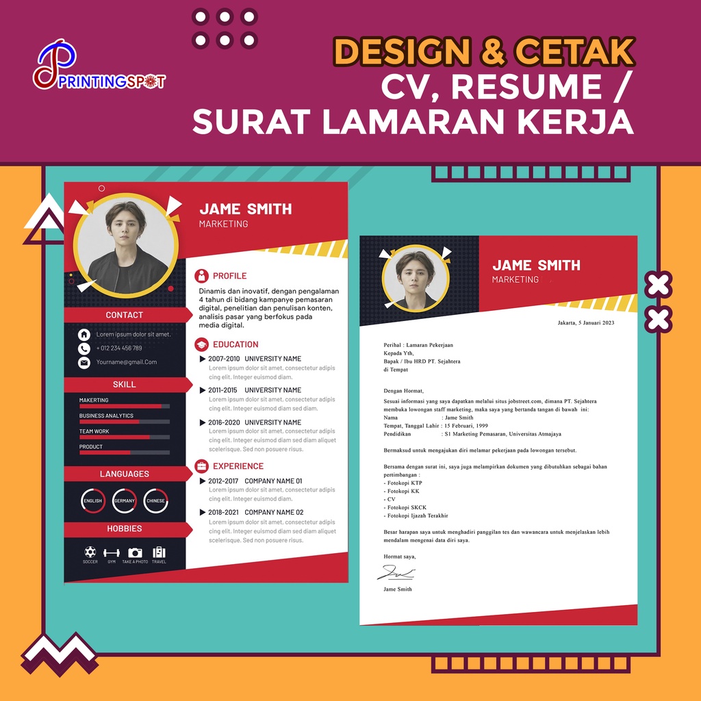 Jual DESAIN CETAK PAKET CV Curriculum Vitae SURAT LAMARAN KERJA