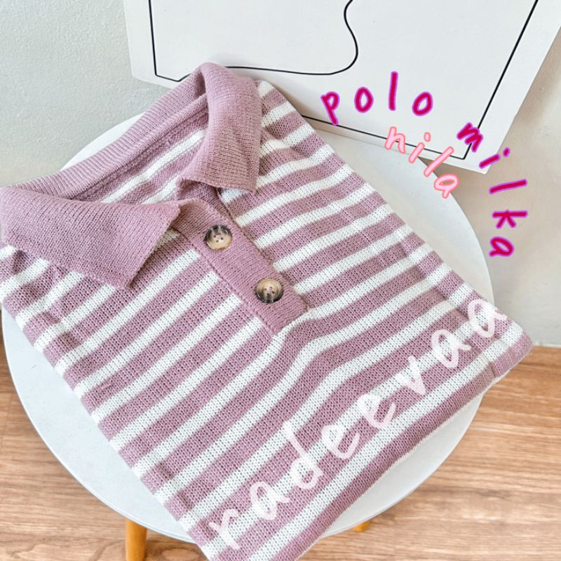 Jual Polo Kerah Milka Stripe Knit Sweater Atasan Oversize Rajut Wanita