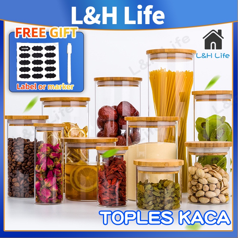 Jual Bumbu Dapur Toples Kaca Tutup Kayu Toples Kue Kering Wadah Makanan