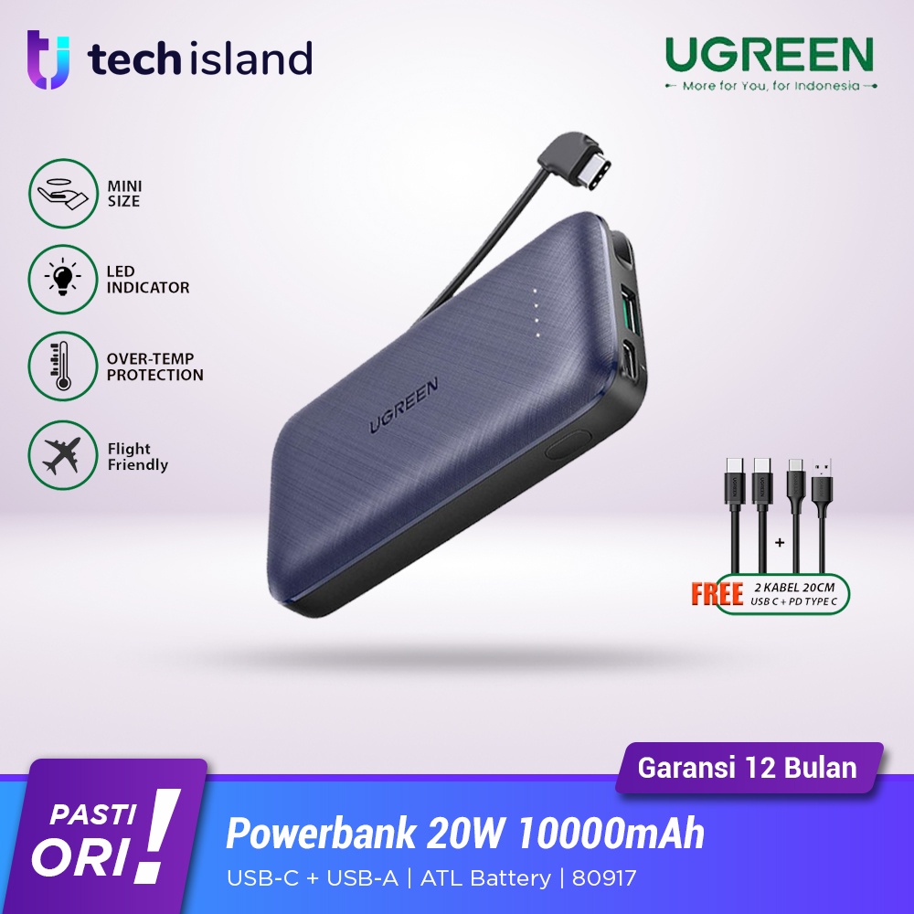 Jual Ugreen Powerbank PB 20W 10 000mAh USB C USB A Built In Cable PD QC