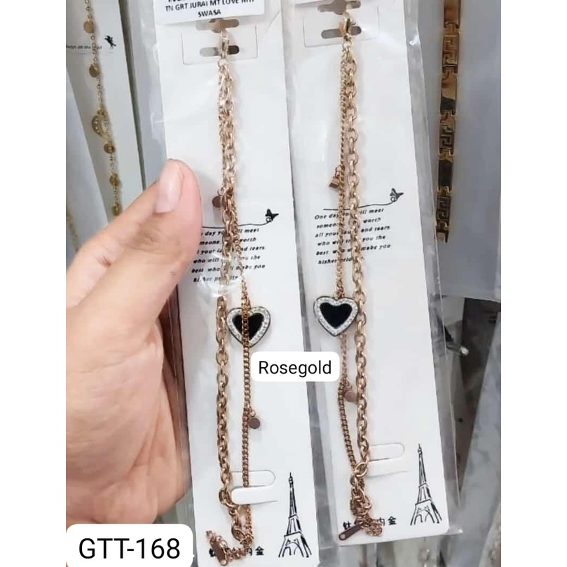 Jual GELANG TANGAN KAKI TITANIUM RANTAI EMAS GOLD LOVE HITAM PERMATA