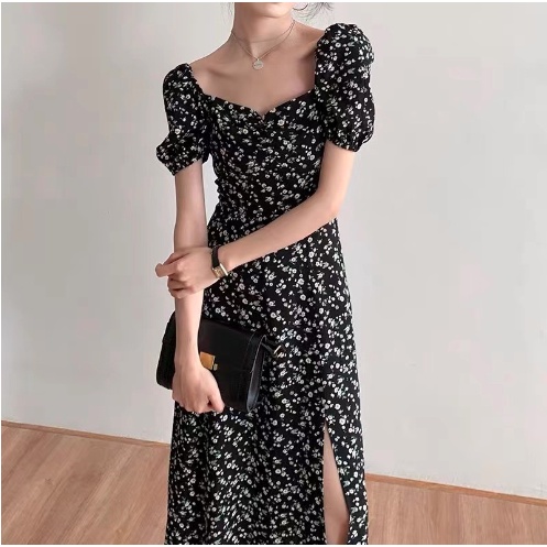 Jual Floral Midi In Black Dress With Slit Dress Casual Kasual Dress