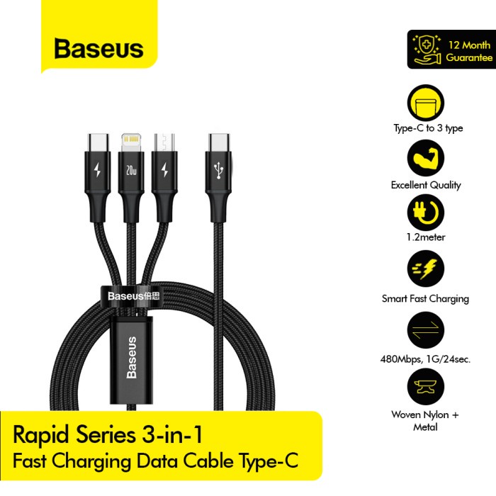 Jual Baseus Kabel Charger Cabang 3 In 1 USB Type C To C Micro Lightning