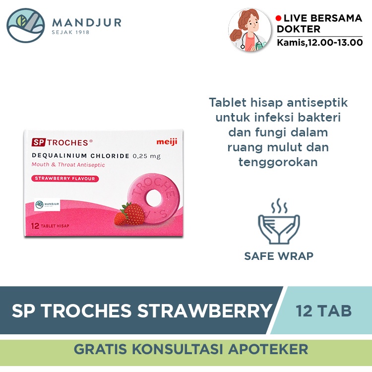 Jual Tablet Hisap SP Troches Meiji Rasa Strawberry 12 Tablet Atasi