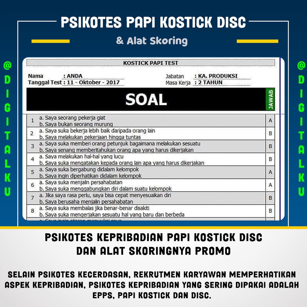 Jual Alat Psikotes Kepribadian Papi Kostick Disc Dan Alat Skoringnya