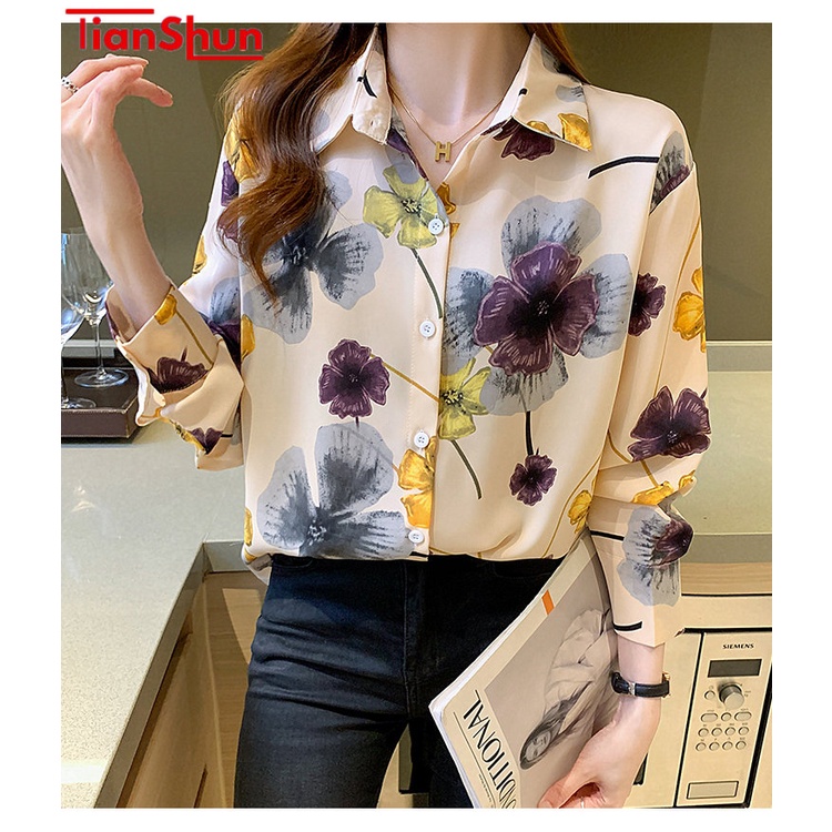 Jual Tianshun Chiffon Printed Fabric Long Sleeve Shirt Korean Version