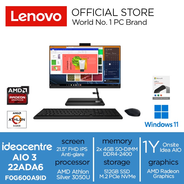 Jual Lenovo IdeaCentre AIO 3 22ADA6 A9ID Athlon 3050U 8GB 512GB W11