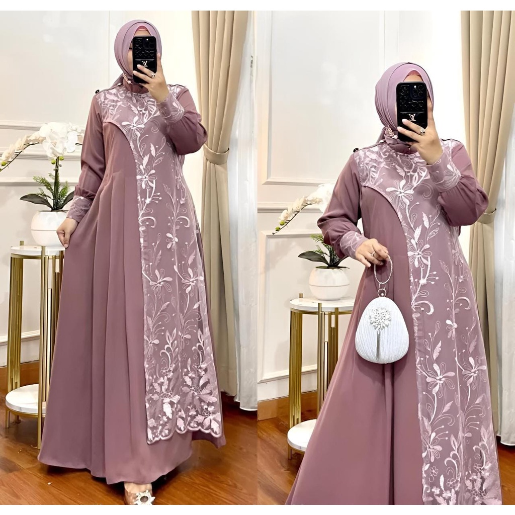 Jual Vallina Outfit Raihana Dress Brokat Layering Gamis Maxy Ceruty