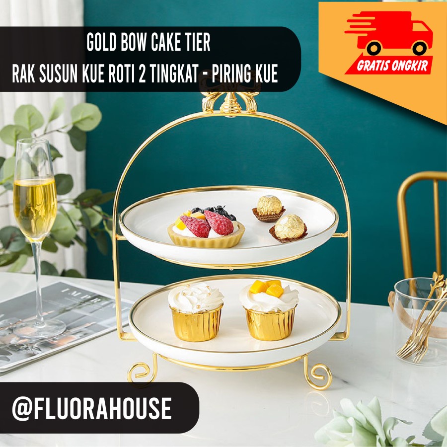 Jual Gold Bow Cake Tier Rak Susun Kue Roti 2 Tingkat Piring Kue