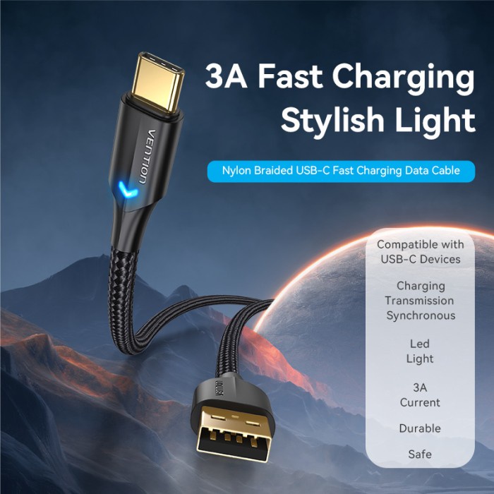 Jual Vention Kabel Data Charger Led Usb Type C Usb C Braided Fast