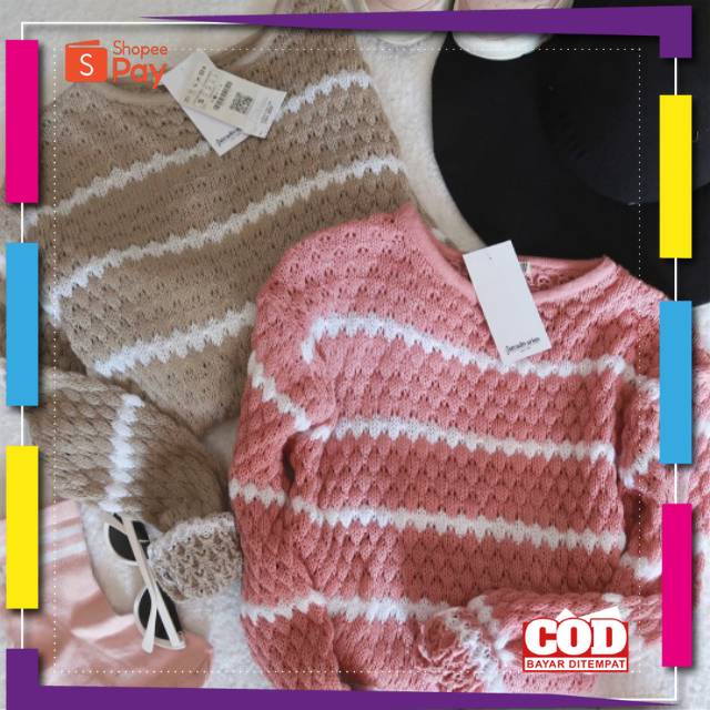 Jual KAIN HALUS ADEM TEBAL Sweater Rajut Stripe Popcorn Sweater