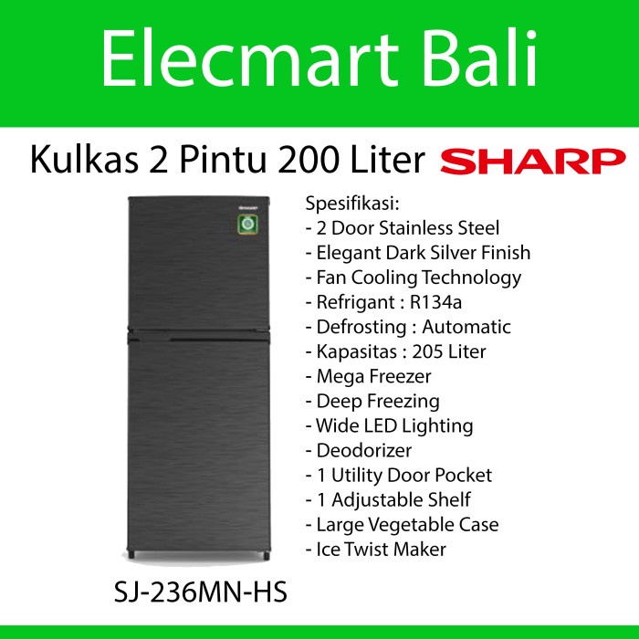 Jual Kulkas 2 Pintu 200 Liter Sharp Dark Silver SJ 236MN HS Shopee