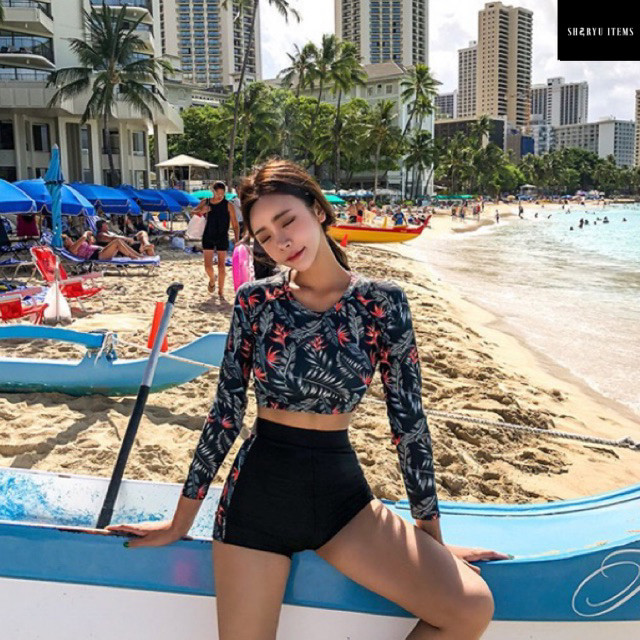 Jual Long Sleeve Bikini Women Swimsuit Piece Crop Top Korea Retro