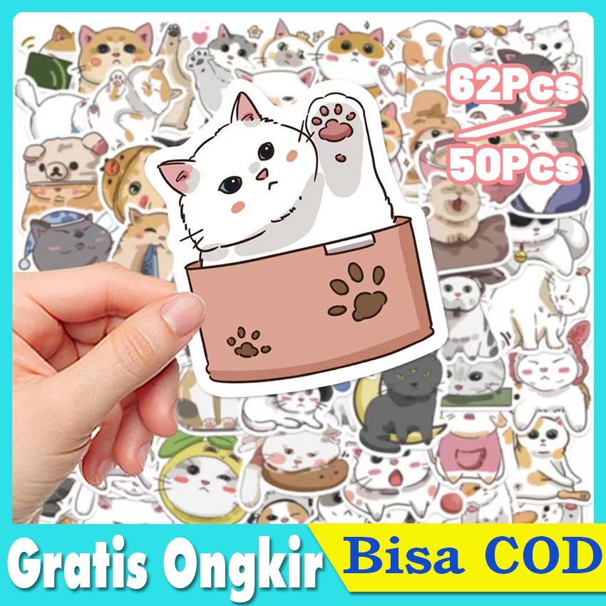 Jual 62pcs Stiker Kucing Kartun Lucu Graffiti Skateboard Tahan Air