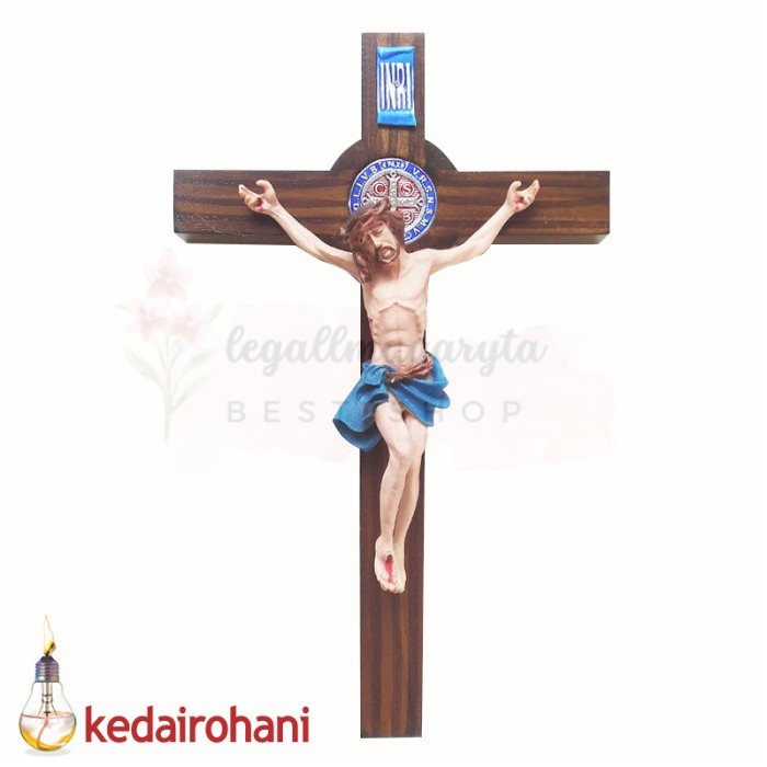 Jual Patung Salib Dinding Kayu Gantung Corpus Yesus Medali Benedictus