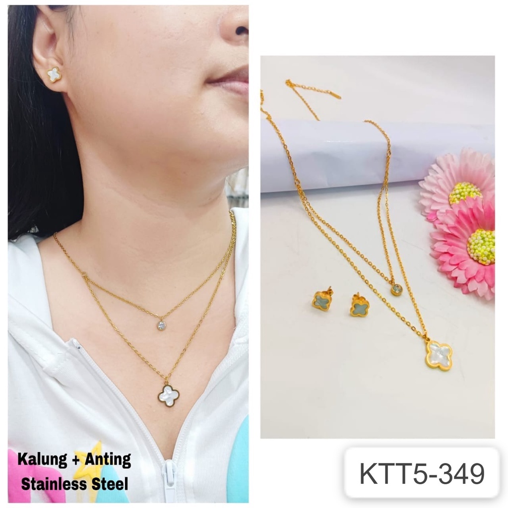 Jual 1 Set Kalung Anting Titanium Rantai Emas Gold Motif Clover Putih