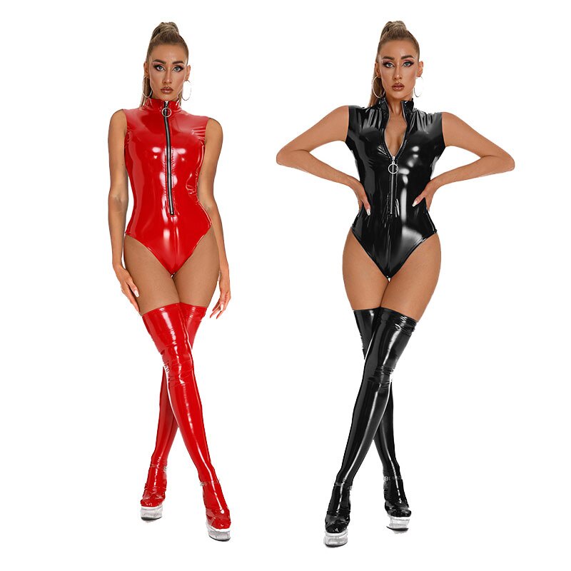 Jual Preorder Women Lingerie Faux Leather Sleeveless Bodysuit Slim