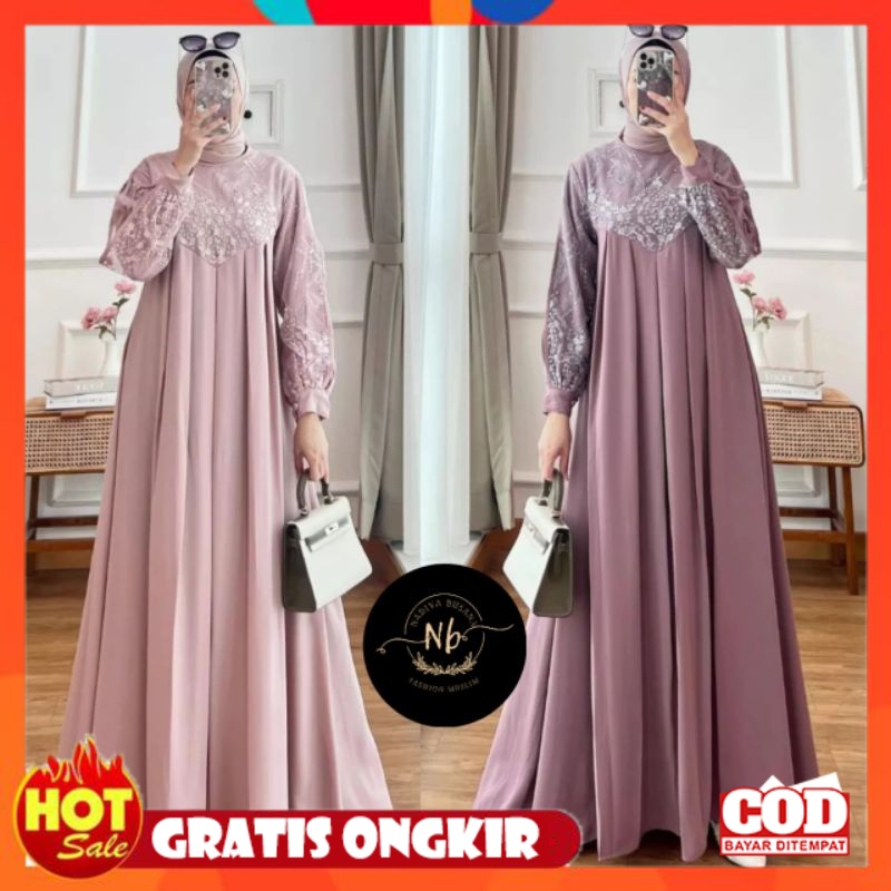 Jual Kain Adem Halus Tebal Aghnia Maxi Dress Gamis Brukat Pesta