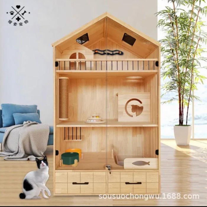 Jual Kandang Kucing Custom Kayu Kaca Cat House Mewah Playground Rumah