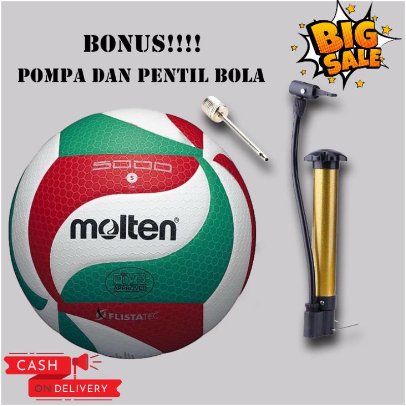 Jual BOLA VOLI MOLTEN 4500 5000 GRATIS POMPA ANGIN PENTIL JARING