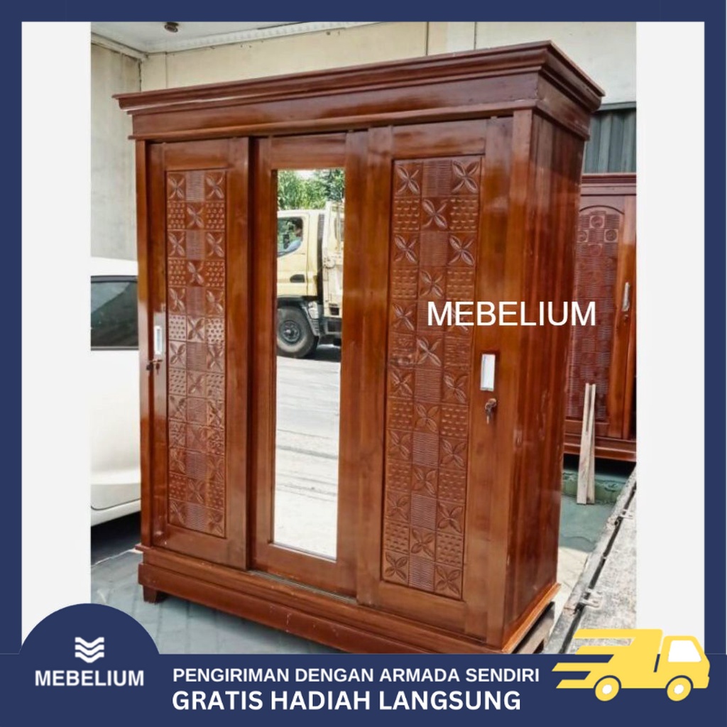 Jual ORIGINAL Lemari Pakaian Jati Pintu Sliding Full Rak 3 Pintu