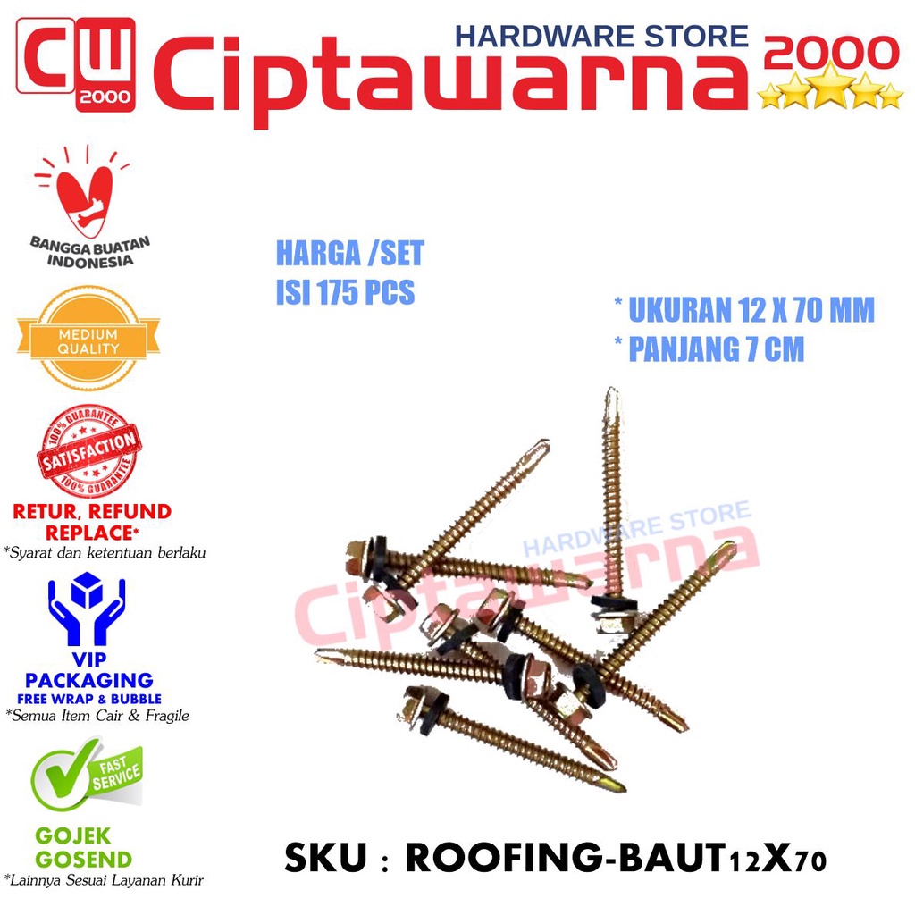 Jual Baut Roofing Baja Ringan Skrup Seng Atap Drat Halus Tajam 12 X 70