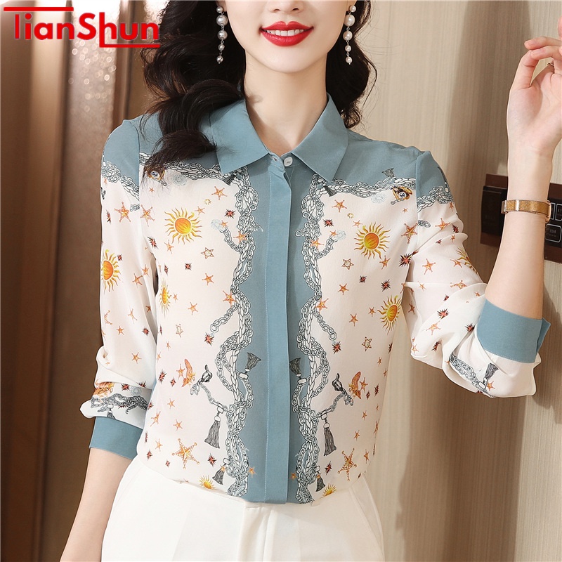 Jual Tianshun Star Japanese Printed Korean Women S Silk Satin Shirt OL