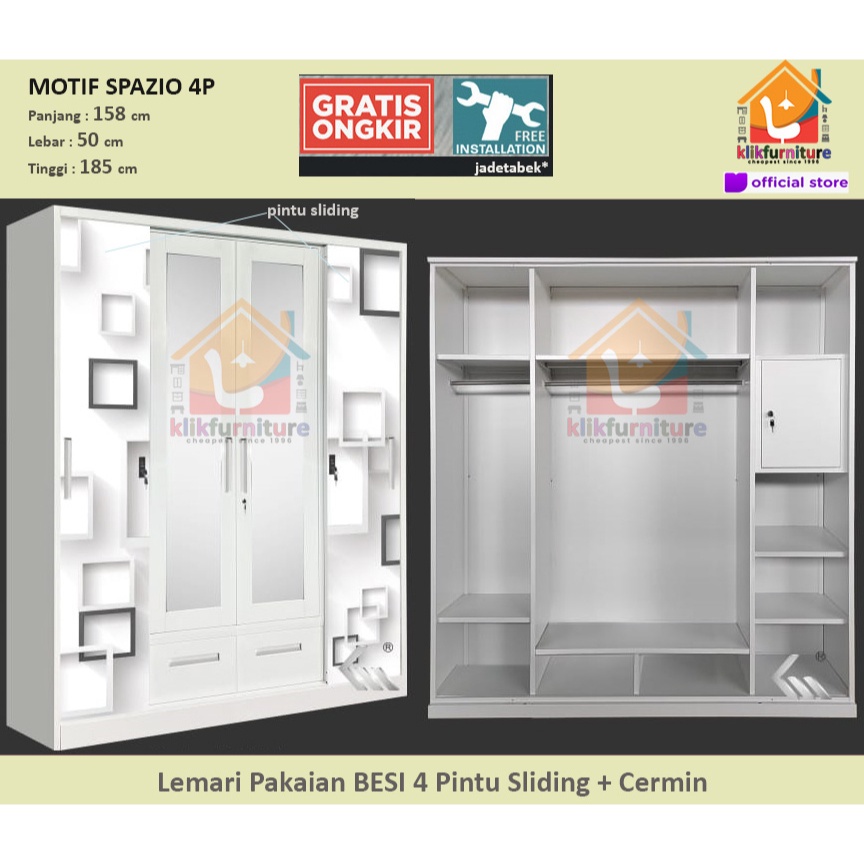 Jual Lemari Pakaian Besi 4 Pintu Sliding Cermin SPAZIO 4P 2 Laci