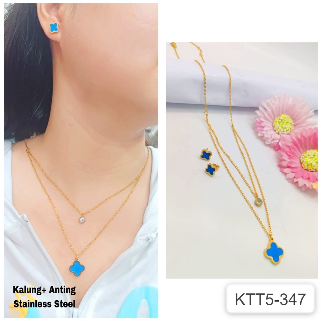 Jual 1 Set Kalung Anting Titanium Rantai Emas Gold Motif Clover Biru