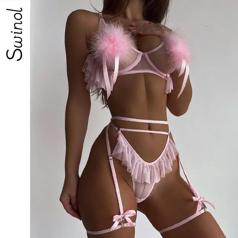 Jual Preorder Swinol Sexy Feather Lingerie Woman Pieces Light Pink