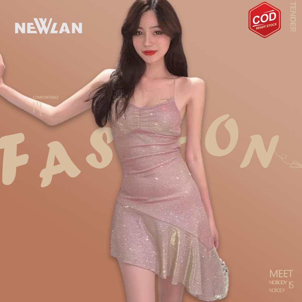 Jual Newlan Qz Sexy Spaghetti Strap Pleated Satin Slit Mini Dress