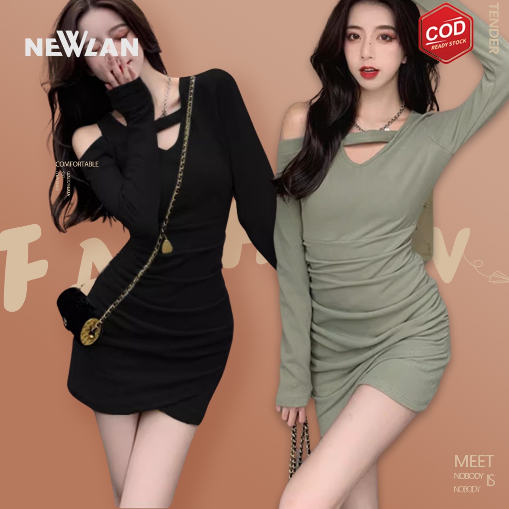 Jual Newlan QZ113 Sexy Tall Cut Out Dress Wanita Baju Mini Dress Knit