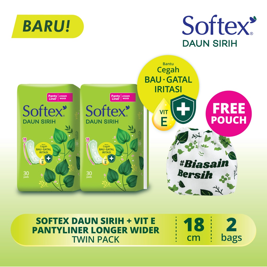 Jual Twin Pack Pantyliner Softex Daun Sirih Vit E Longer Wider Isi 30