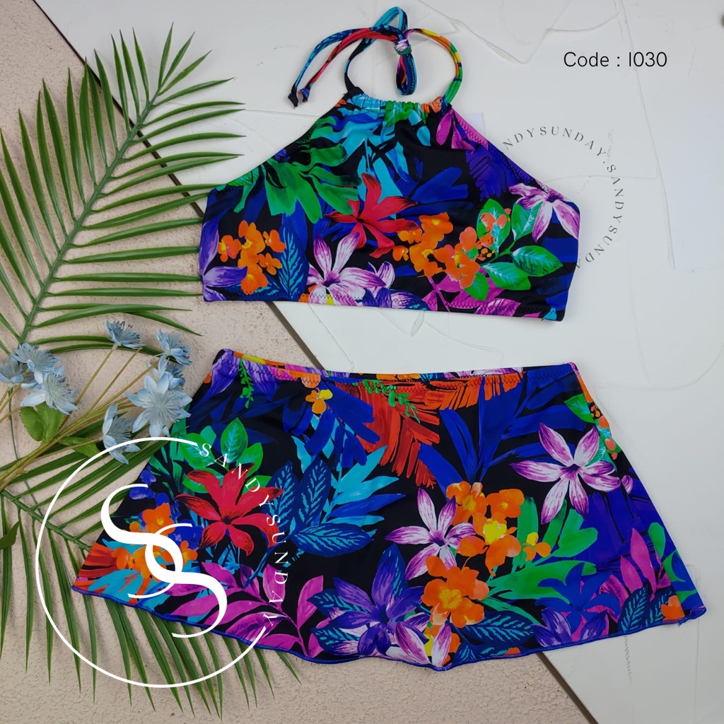 Jual Bikini Set High Neck Croptop Rok Celana Baju Renang Wanita Bikini